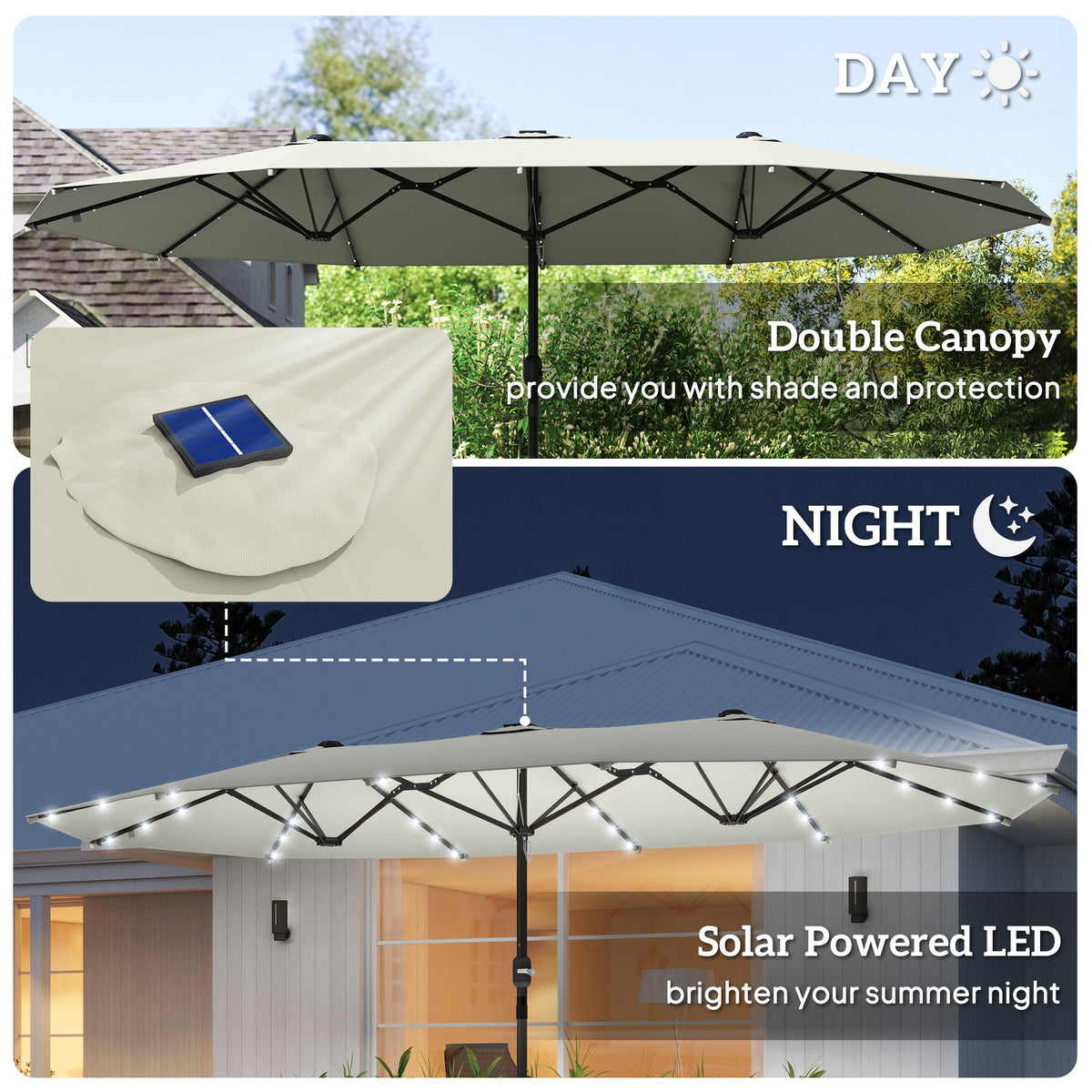 174" Double-Sided Sun Umbrella Garden Parasol Patio Sun Shade Outdoor with LED Solar Light, Khaki