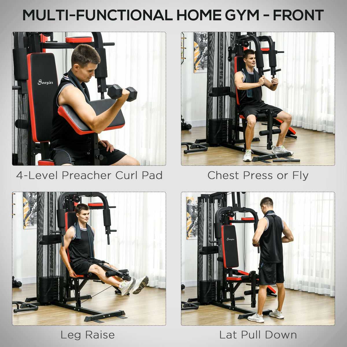 Multi Home Gym Equipment, Workout Station with Sit up Bench, Push up Stand, Dip Station, 143lbs Weights