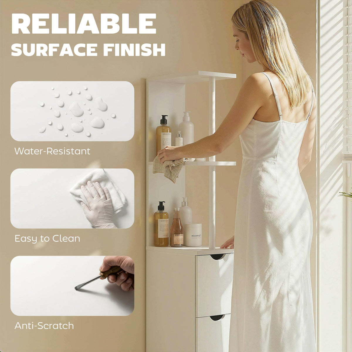 Tall Bathroom Storage Cabinet, Narrow Bathroom Cabinet with Drawers and Open Shelves for Small Spaces, White and Grey