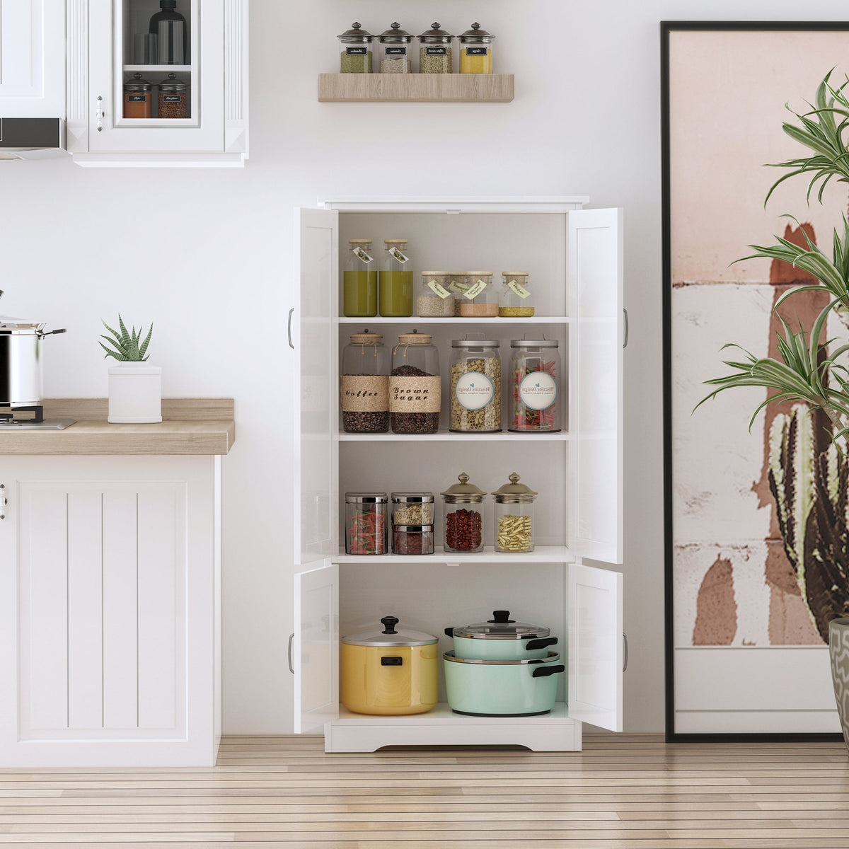 48" 4-Door Storage Cabinet Multi-Storey Large Space Pantry with Adjustable Shelves Black