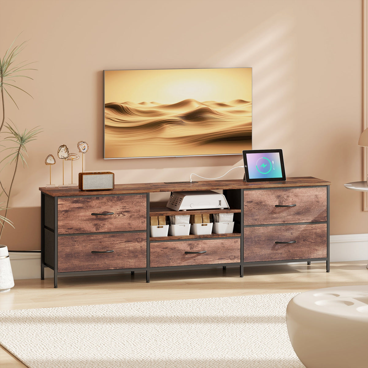 Jamie TV Stand with Charging Station for TVs up to 70 Inches-Rustic Brown