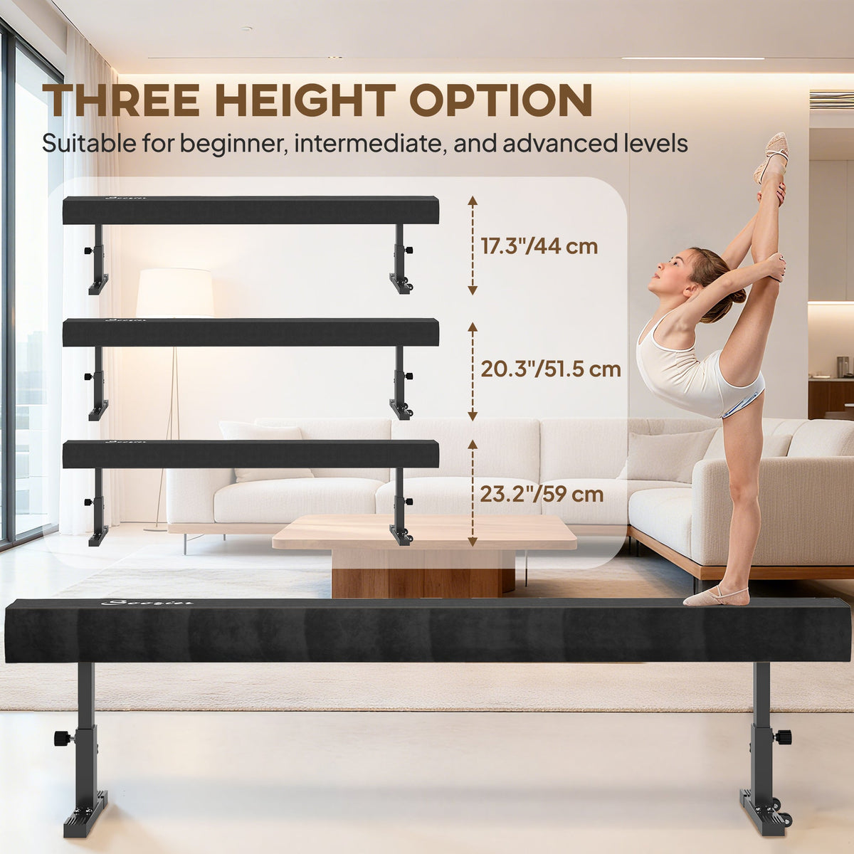 7.5ft Adjustable Balance Beam, Gymnastics Beam with Wheels, Gymnastics Equipment for 6+ Years Old Training