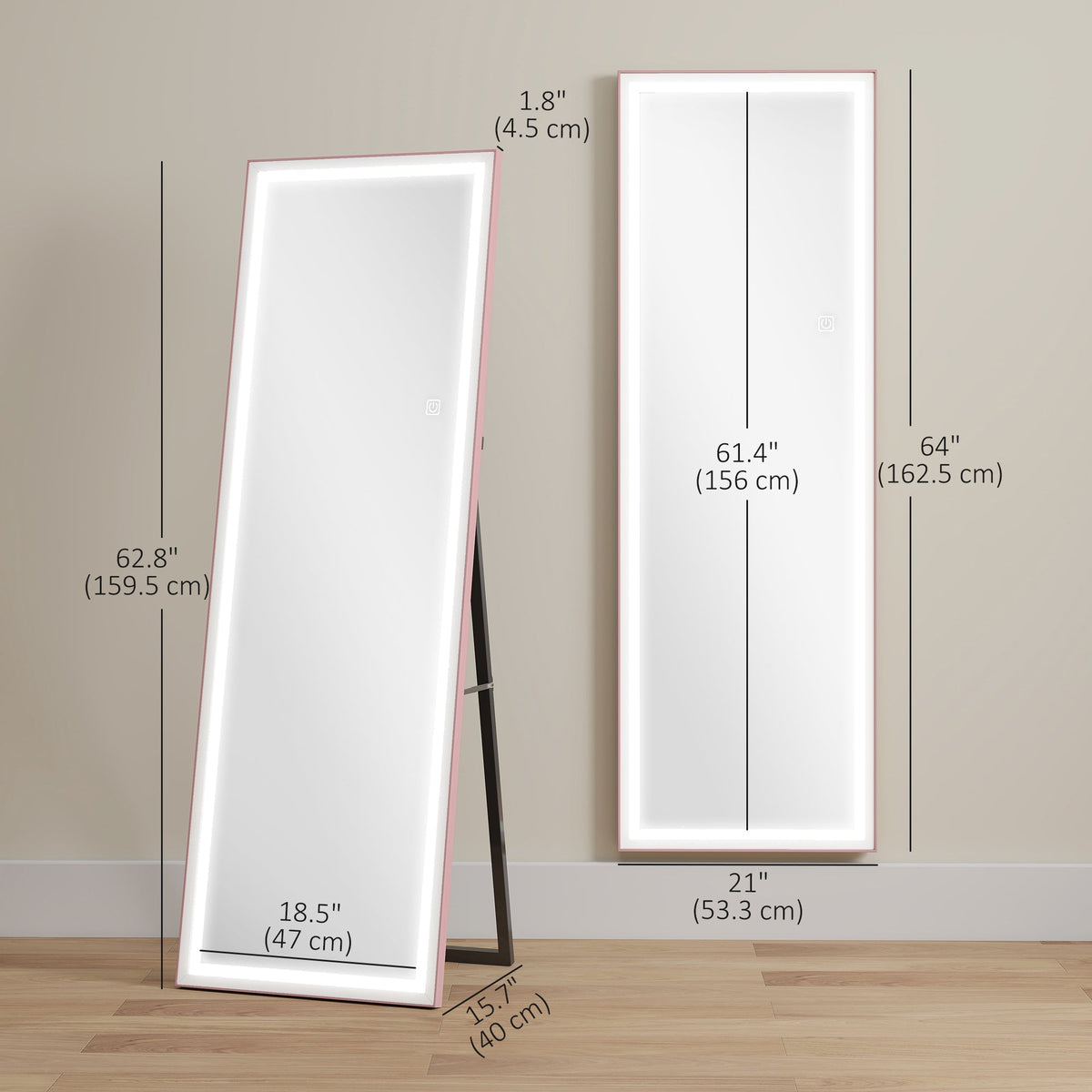 LED Mirror with Dimmable and 3 Colour Lights, 64" x 21" Rectangular Floor Mirror for Bedroom Living Room, Gold