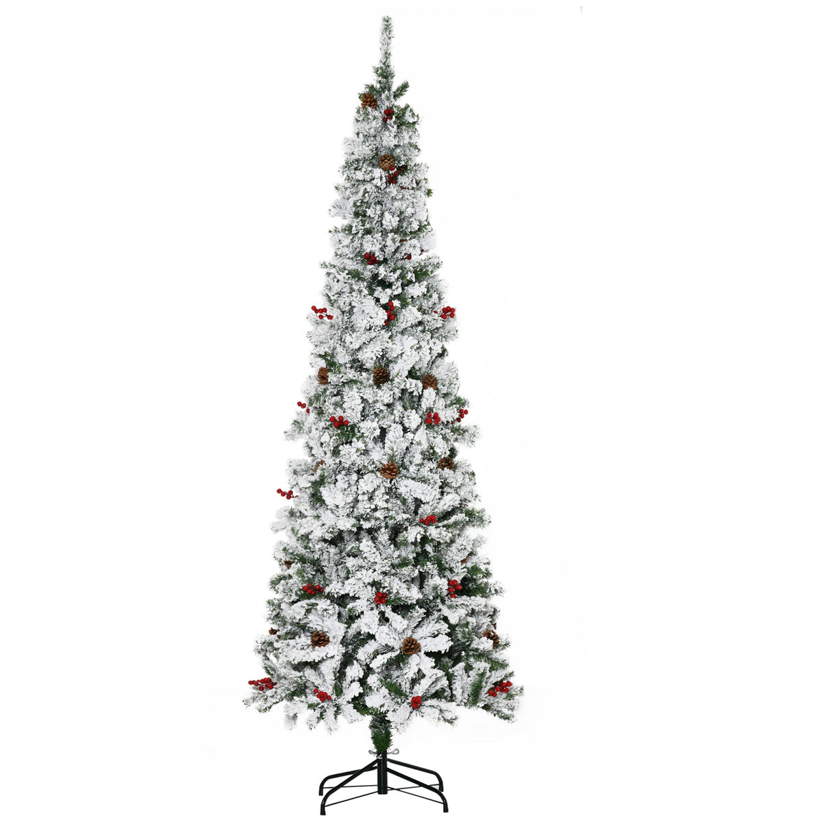 6 Foot Pencil Snow Flocked Artificial Christmas Tree with 600 Pine Realistic Branches, Pine Cones, Red Berries, Auto Open, Green