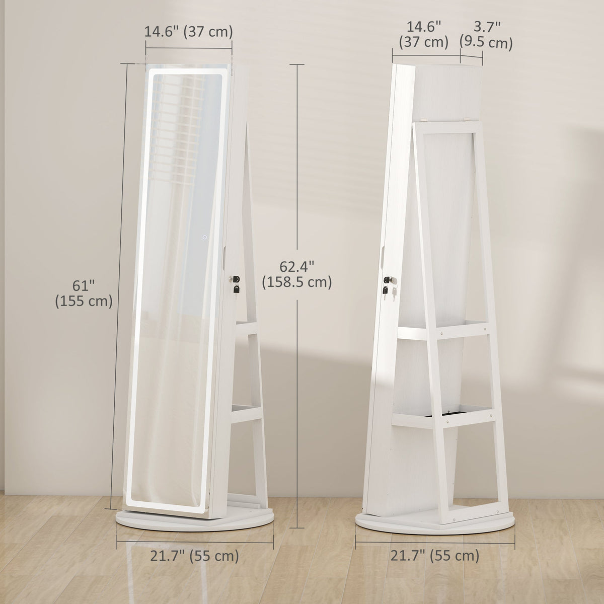 Jewelry Cabinet with Full Length Lockable Mirror, Standing Jewelry Armoire Organizer with LEDs, White