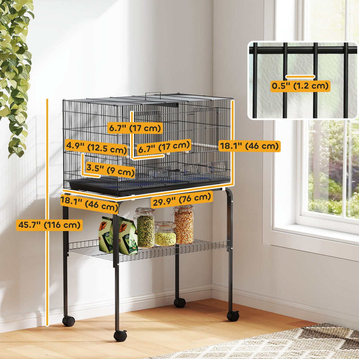 18" H Bird Cage, Large Parakeet Cage for Budgie, Lovebird, Canary, Finches with Divider, Black