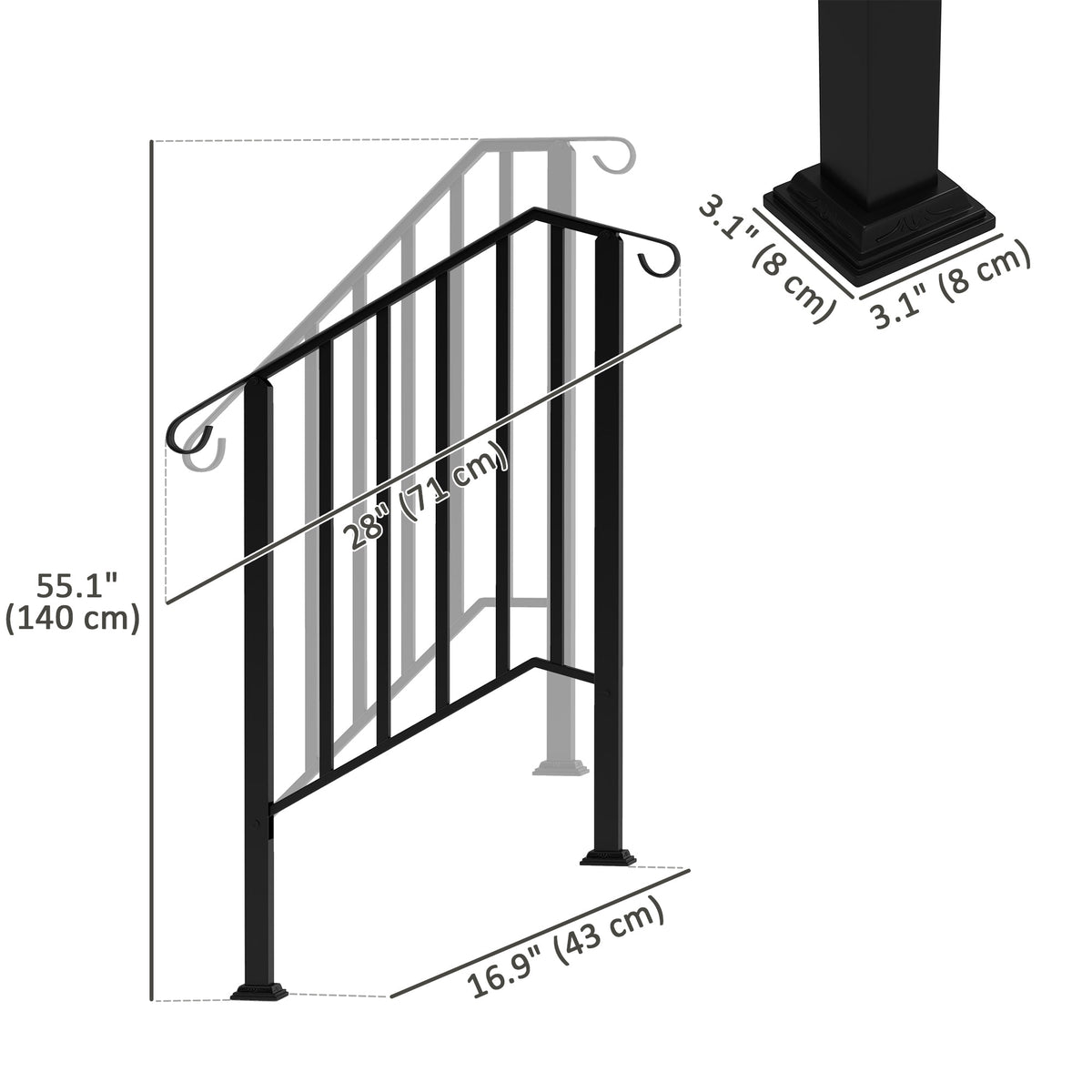 2-3 Step Handrails for Outdoor Steps, Metal Outdoor Stair Railing, Porch Deck Railing with Installation Kit, Black