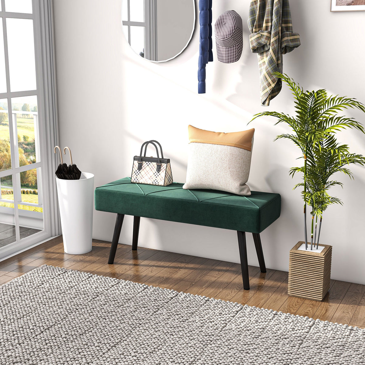 39 Inches Upholstered Bedroom Bench, Modern End of Bed Bench with Steel Legs, Cream White