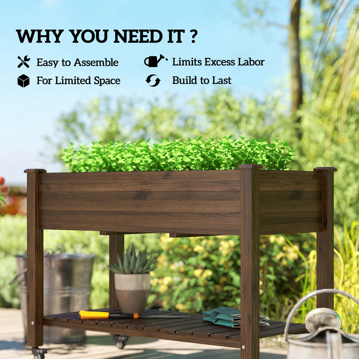 Mobile Raised Garden Bed Elevated Wood Planter Box with Lockable Wheels, Storage Shelf for Herbs Vegetables, Natural