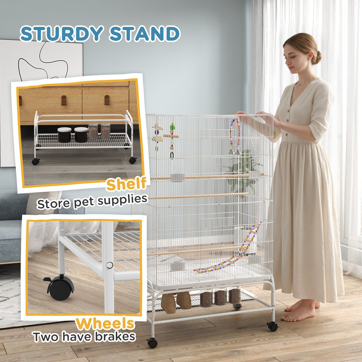 52" Bird Cage with Rolling Stand, Toys, for Budgies Canaries Black