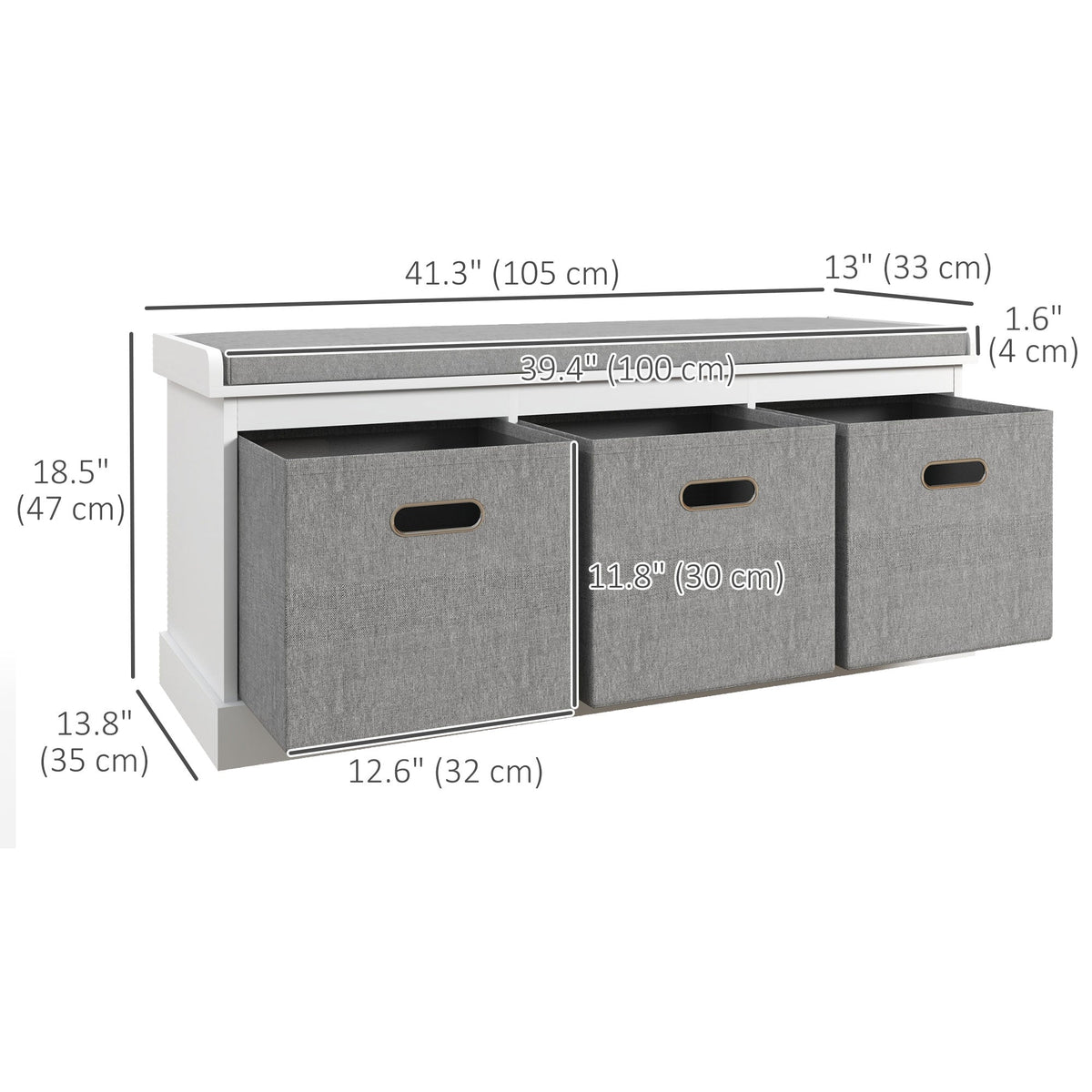 Shoe Storage Bench with Seat, Entryway Bench Seat with Cushion, 3 Fabric Drawers for Hallway, Dark Grey