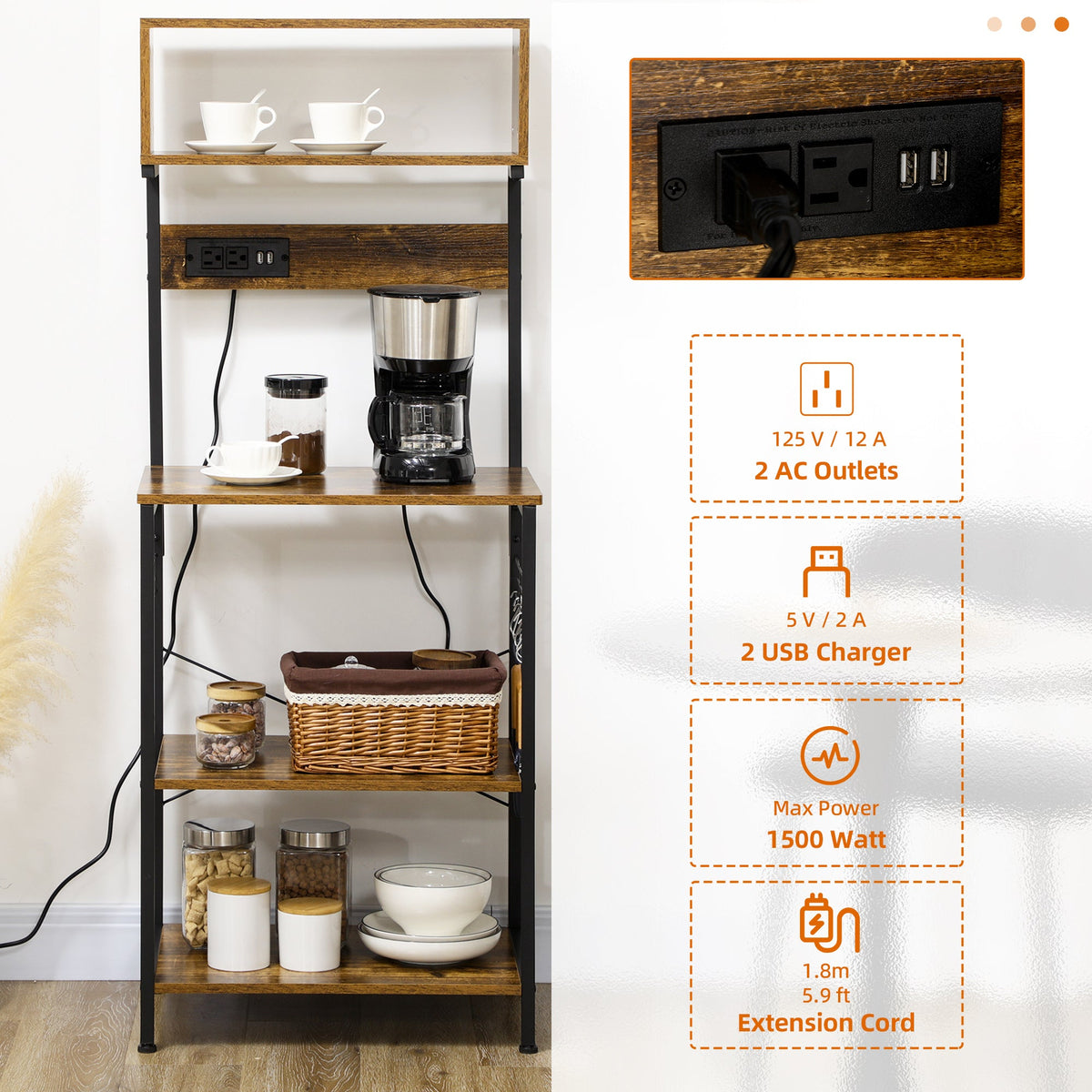 Baker's Rack with Charing Station, Microwave Shelf with Power Outlet, USB Charger and 5 Hooks, Black