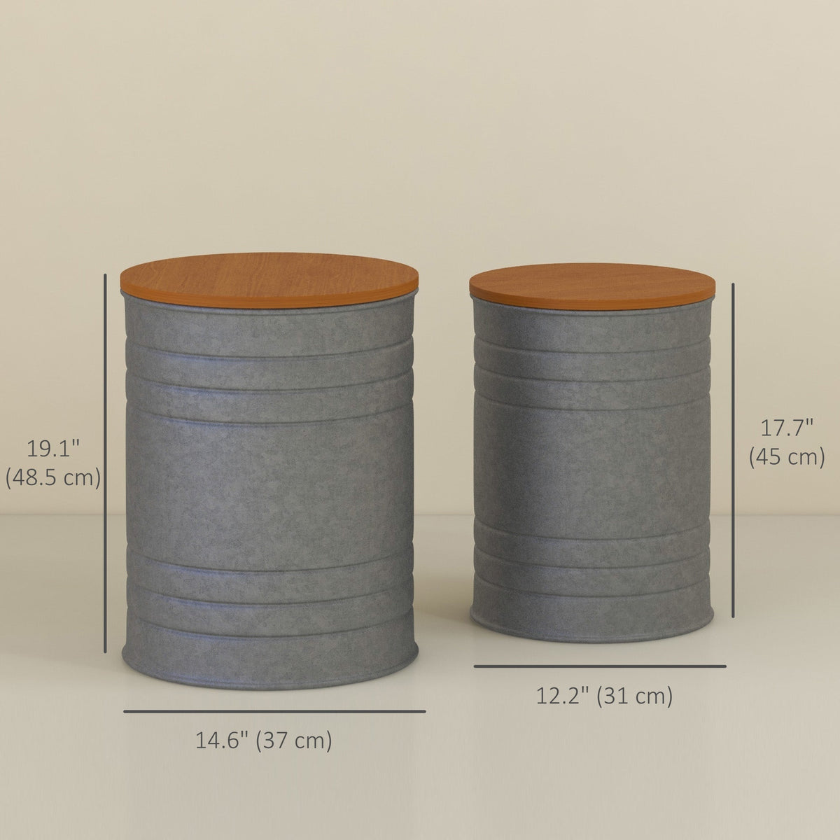 Round Side Table Set of 2, Nesting Coffee Tables w/ Wooden Lid, Metal Frame and Hidden Storage Space for Bedroom, Black