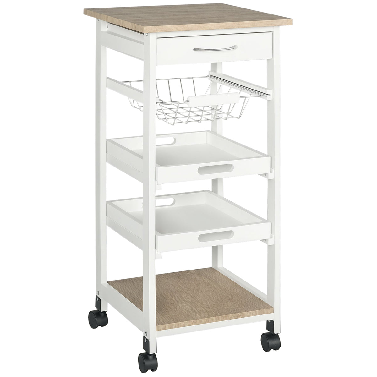 Rolling Kitchen Island Cart, Mobile Utility Storage Cart with Drawer, Wire Storage Basket, Removable Tray, Grey
