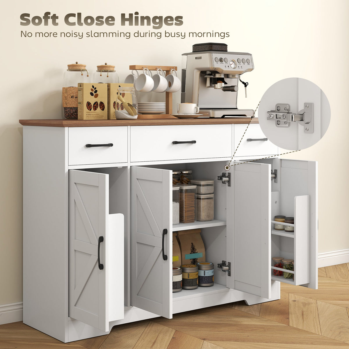 47" Buffet Cabinet with Soft-Close Hinges, Farmhouse Sideboard with 3 Drawers, Adjustable Shelves and Spice Racks, Black