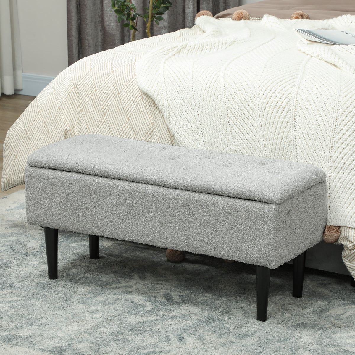 Modern Storage Bench, Ottoman with Storage and Lamb's Wool Upholstery for Living Room, Bedroom, Black