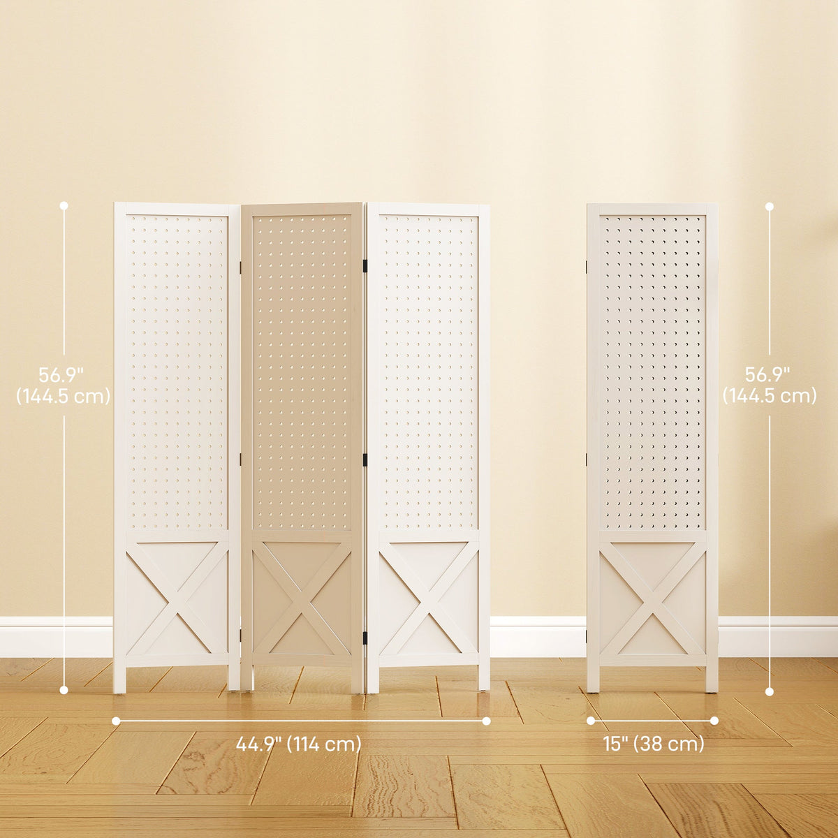 4.7' 3 Panel Wooden Room Divider with Pegboard Display, Folding Privacy Screen for Home Office, Natural