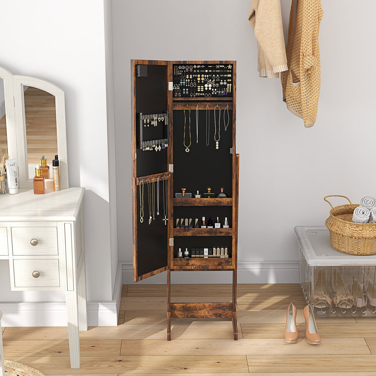 Free Standing Armoire Organizer, Lighted Mirrored Jewelry Cabinet w/ Angle Adjustable & 16 LED Lights Warm White