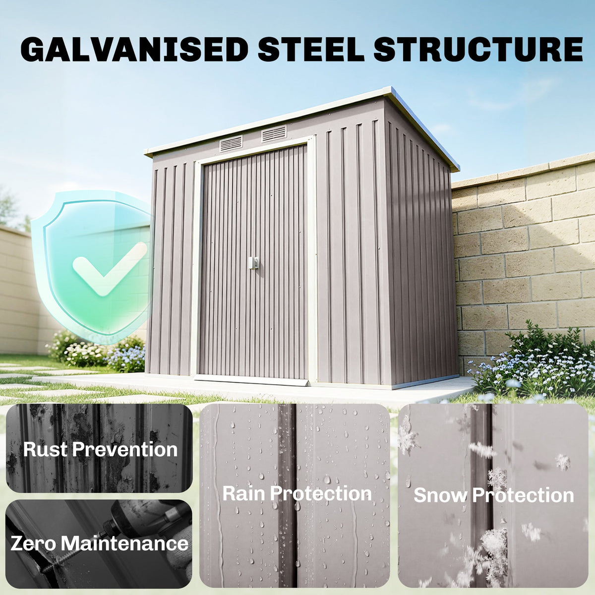 7' x 4' Galvanised Steel Garden Shed, with Foundation Kit - Green