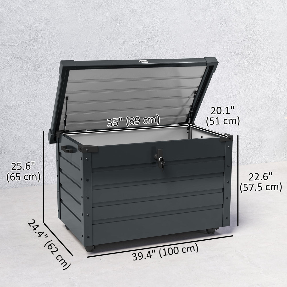 78 Gallon Garden Storage Box, Waterproof Outdoor Storage Container with Wheels and Handles, Dark Grey