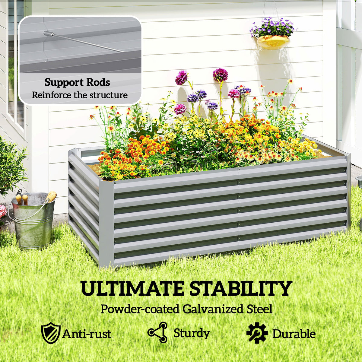 6' x 3' x 2' Raised Garden Bed, Galvanized Planter Box for Growing Flowers, Herbs and Vegetables, Brown