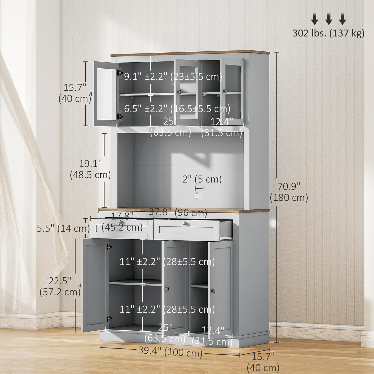 71" Pantry Cabinet with Microwave Space, Buffet with Hutch, 2 Drawers, Adjustable Shelves and Glass Doors, Blue