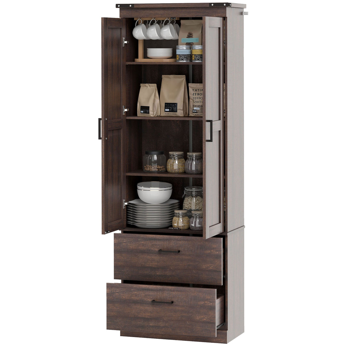 67" Tall Kitchen Pantry Storage Cabinet, Kitchen Pantry Cabinet with Doors, Drawers and Adjustable Shelves, Black