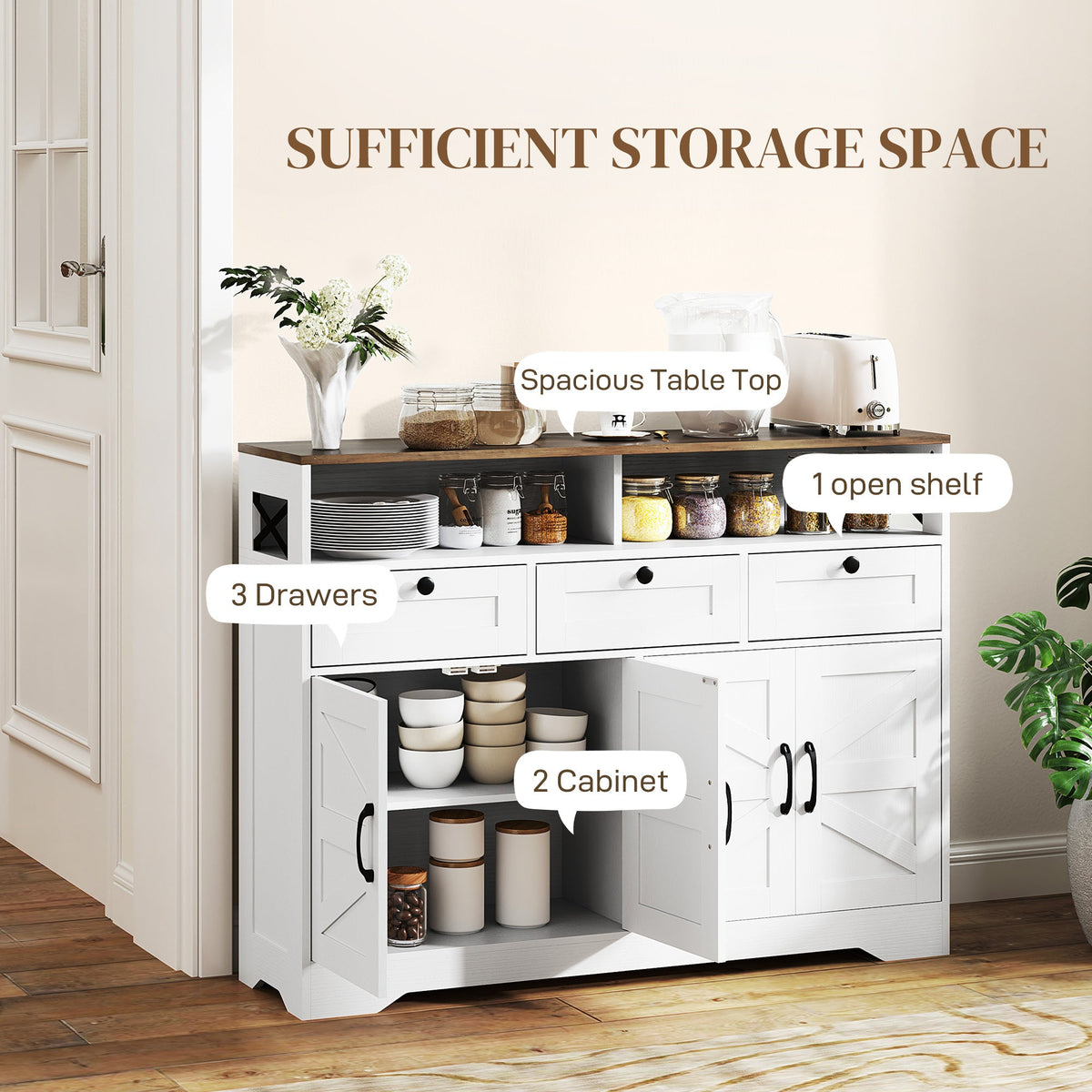Sideboard, Buffet Cabinet with 4 Barn Doors and 3 Drawers, Coffee Bar Cabinet with Adjustable Shelves, Black