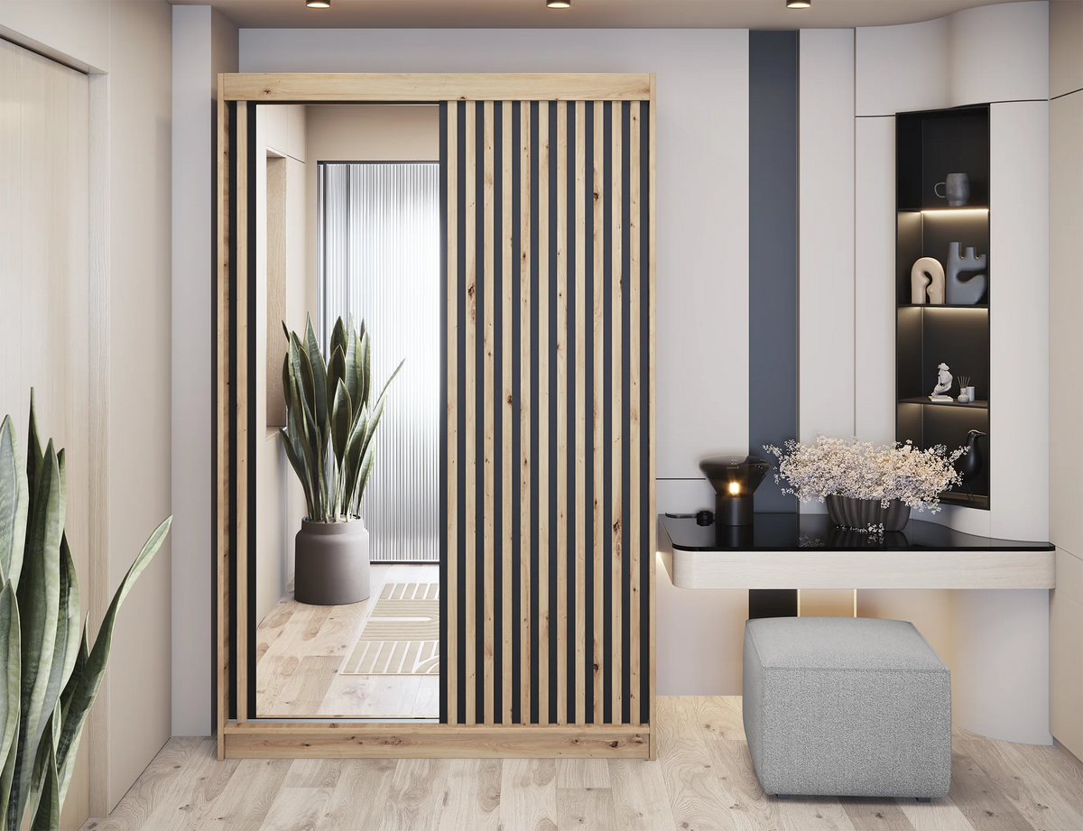 Emerio Mirrored 2 Sliding Door Freestanding Wardrobe - Maple Oak