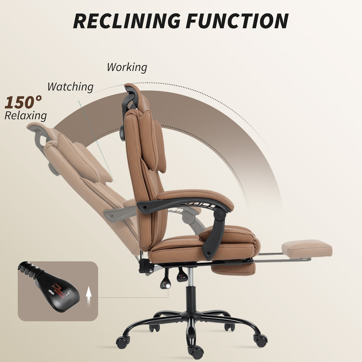 Reclining Office Chair, Executive Desk Chair with Pet-Friendly Fabric, Headrest, Footrest, Swivel Wheels, Black