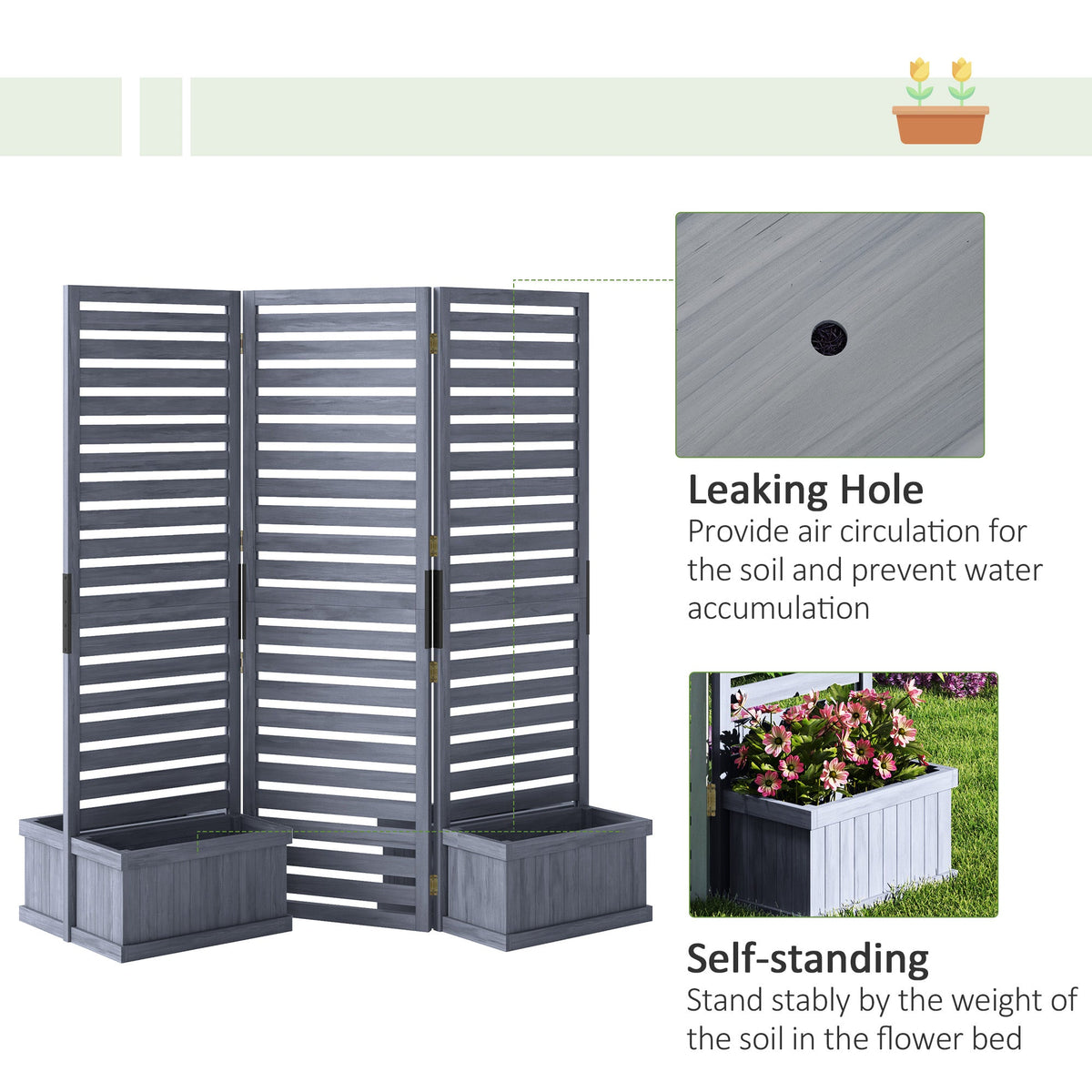 Outdoor Privacy Screen Wood Privacy Panel with 4 Planter Boxes, Raised Bed with 3 Panels, Drainage Holes, Natural