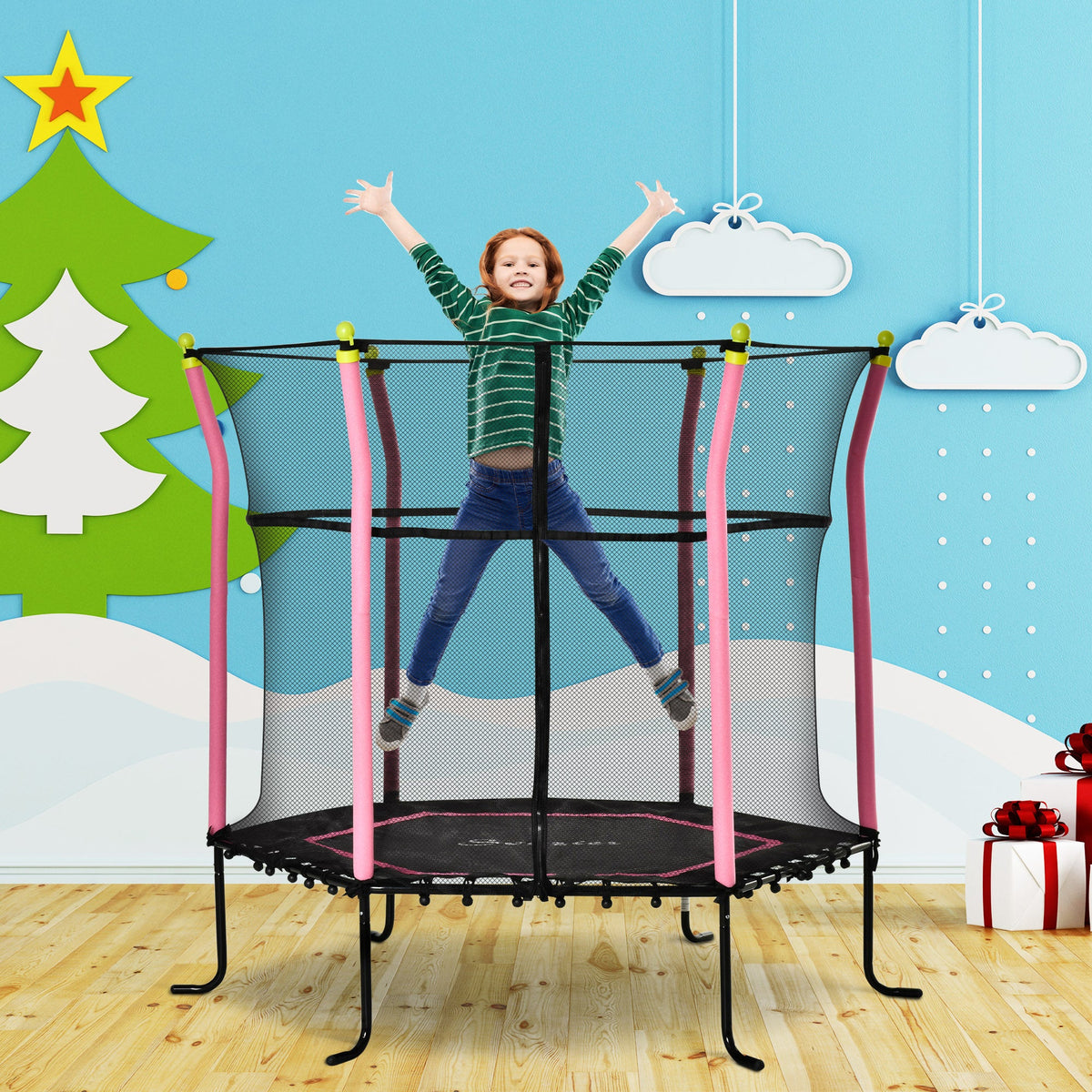 63" Kids Trampoline Mini Indoor Bouncer Jumper with Enclosure Net Elastic Thick Padded Pole Gift for Child Toddler Age 3-6 Years Old Blue