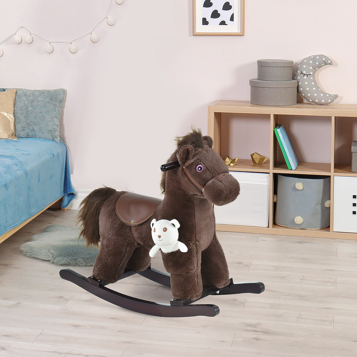 Kids Rocking Horse Plush Animal on Wooden Rockers with Sounds, Wooden Base and Bear Toy, Baby Rocking Chair, Brown
