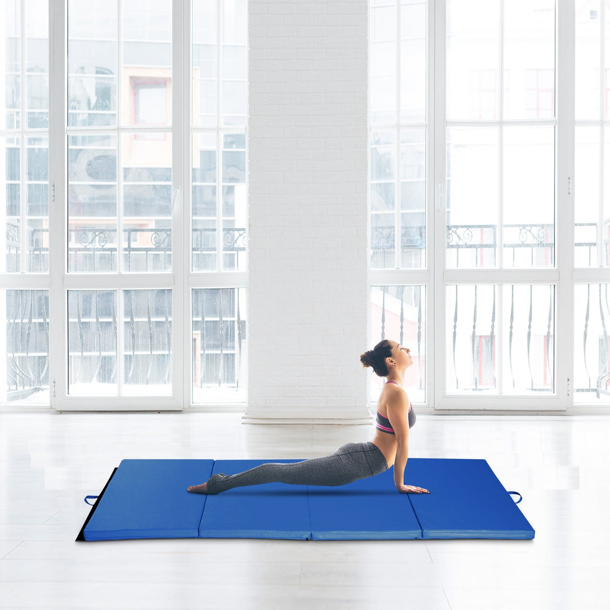 4'x8'x2" Folding Gymnastics Tumbling Mat, Exercise Mat with Carrying Handles for Yoga, MMA, Martial Arts, Stretching, Core Workouts, Light Blue