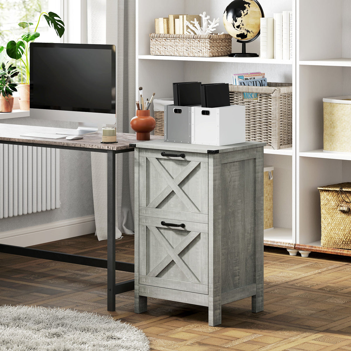 Vertical Filing Cabinet with 2 Drawers, Rustic Farmhouse Office Storage Cabinet for A4, Letter Size, Distressed Black