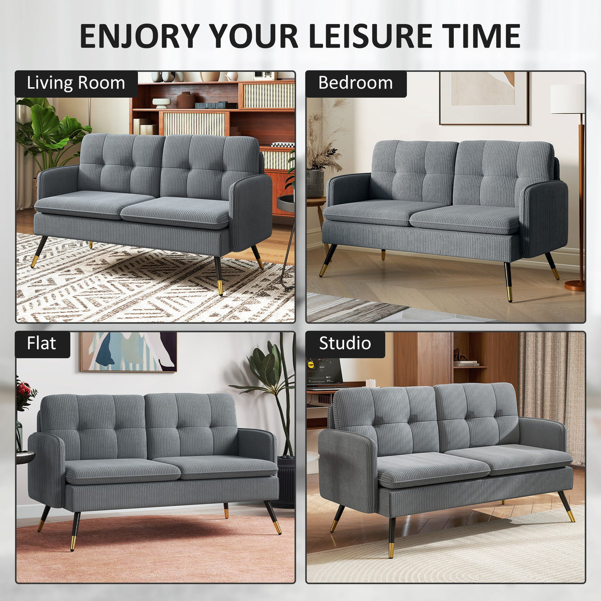 55" Loveseat Sofa, Linen Love Seat w/ S spring, Steel Legs and Button Tufting, Small Couch for Living Room, Dark Grey