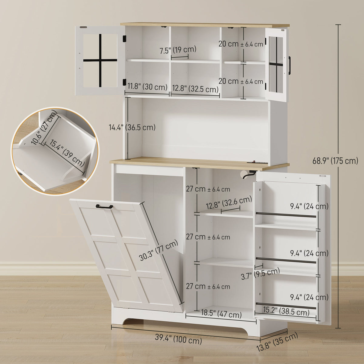 Kitchen Pantry Cabinet with Charging Station, 7 Gallon Trash Can Cabinet, Adjustable Shelves and Acrylic Doors, Black