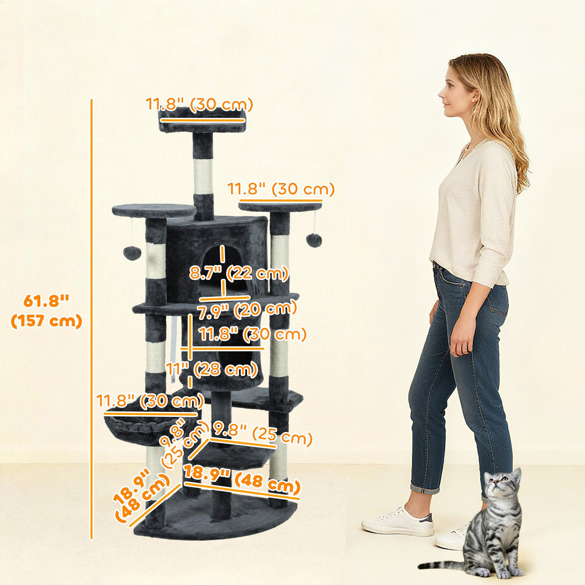 62" Cat Tree with Scratching Post, 2 Condos, Hammock, Perches, Plush, Pompoms, for Indoor Cats, Beige