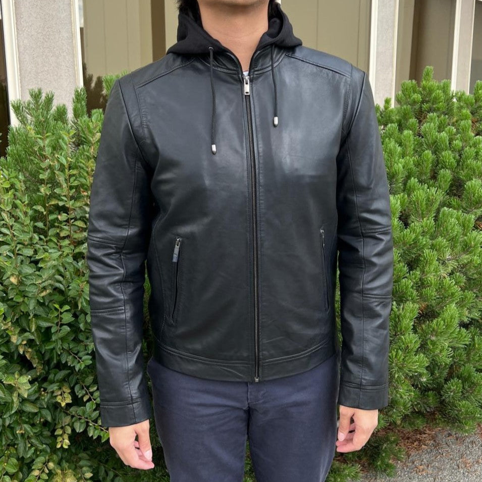 Men's Lamb Leather Hoodie Jacket with Detachable Hood