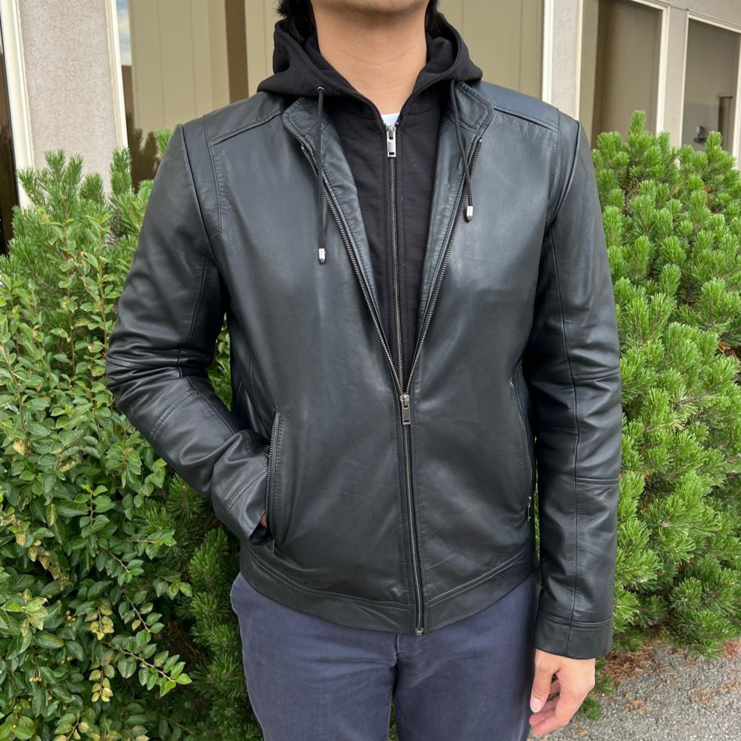 Men's Lamb Leather Hoodie Jacket with Detachable Hood