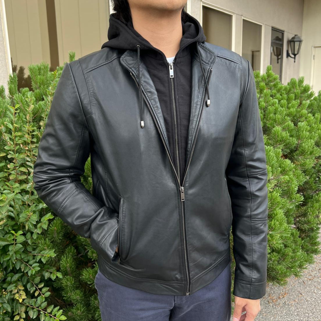 Men's Lamb Leather Hoodie Jacket with Detachable Hood