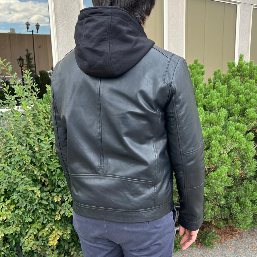 Men's Lamb Leather Hoodie Jacket with Detachable Hood