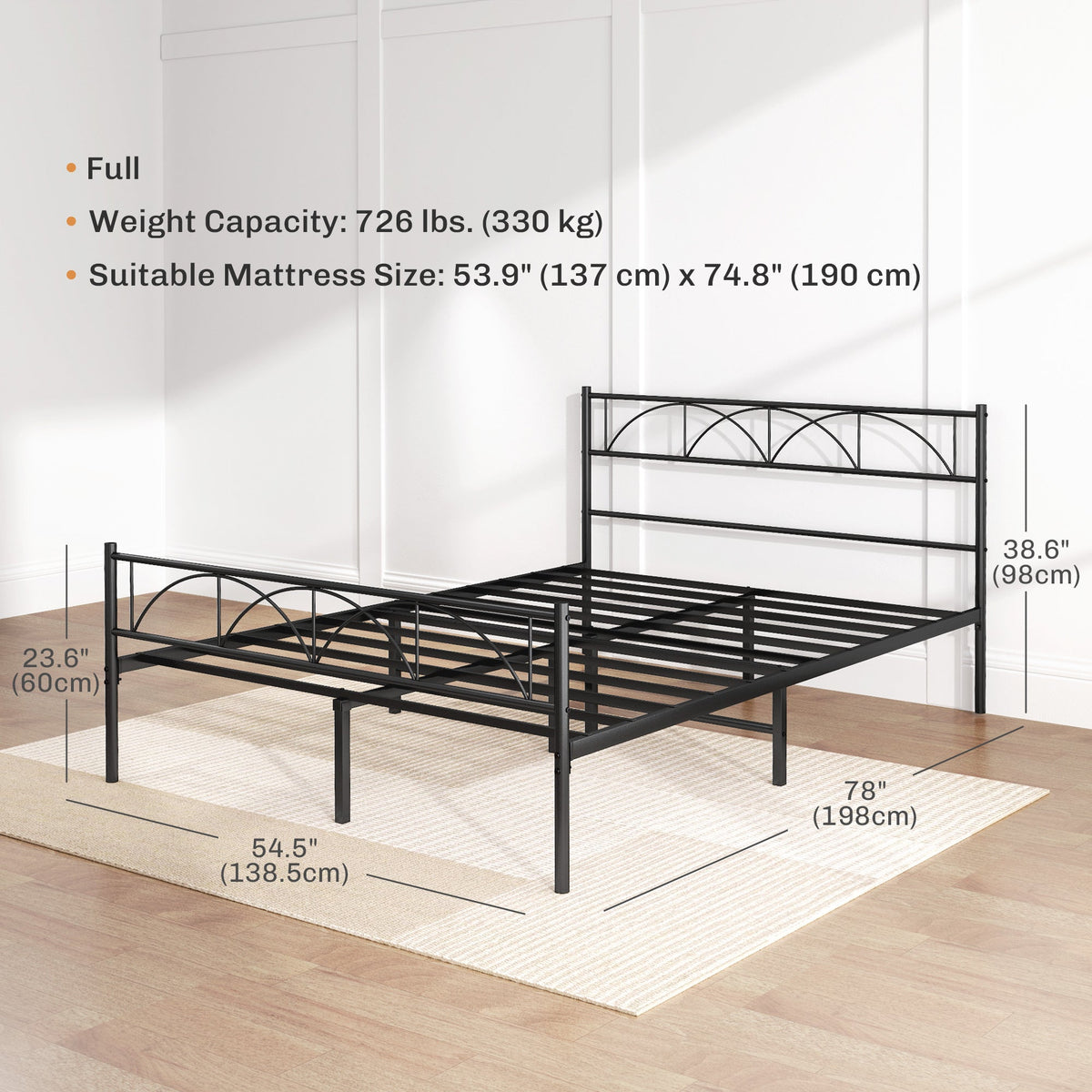 Metal Full Platform Bed Frame with Headboard, Steel Slat Support, Underbed Storage, No Box Spring Needed, Easy Assembly