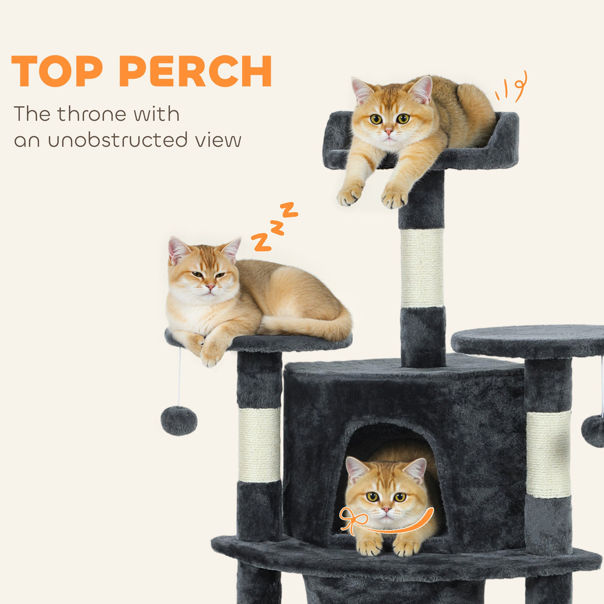 62" Cat Tree with Scratching Post, 2 Condos, Hammock, Perches, Plush, Pompoms, for Indoor Cats, Beige