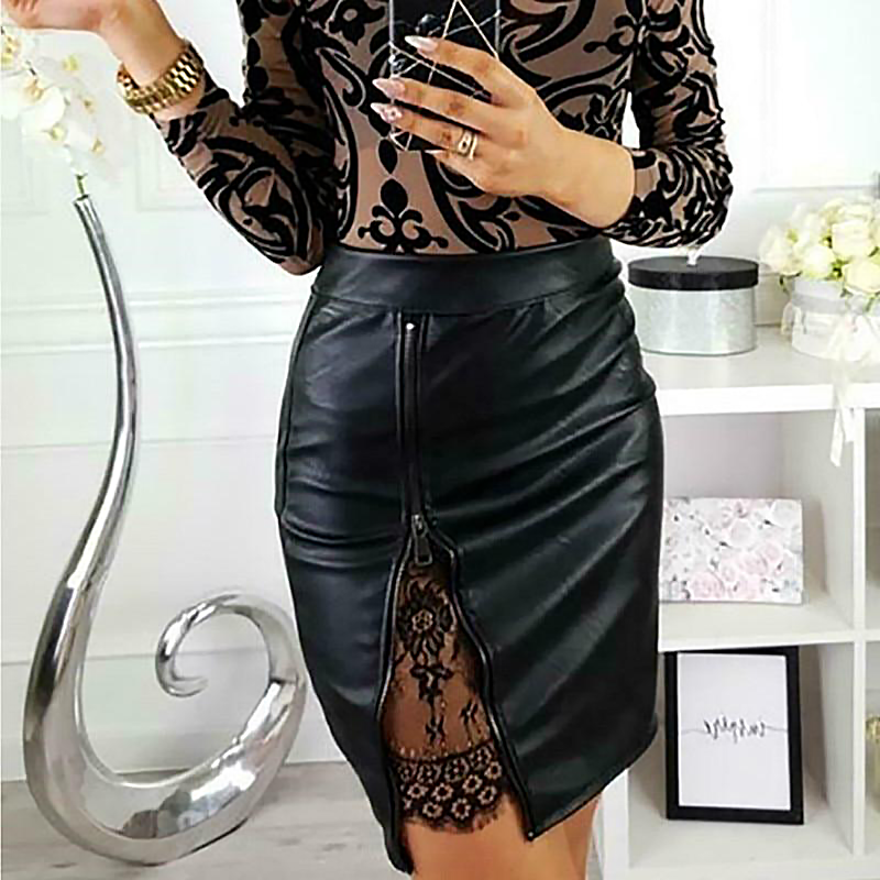 High Waist Zip Leather Skirt