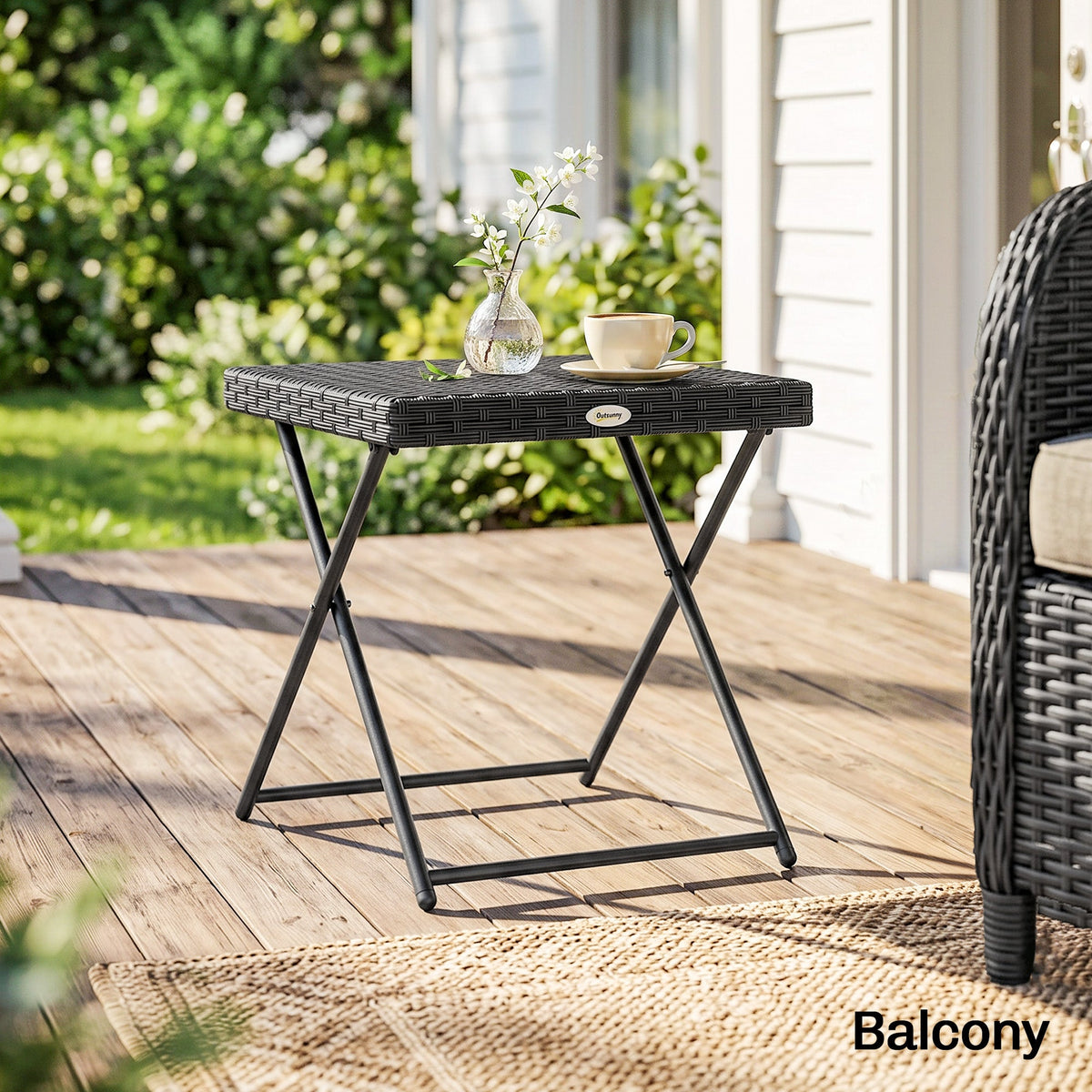 Rattan Coffee Table Folding Patio Outdoor Side Table Wicker for Balcony, Porch, Poolside, 15.75"x15.75"x15.75", Grey
