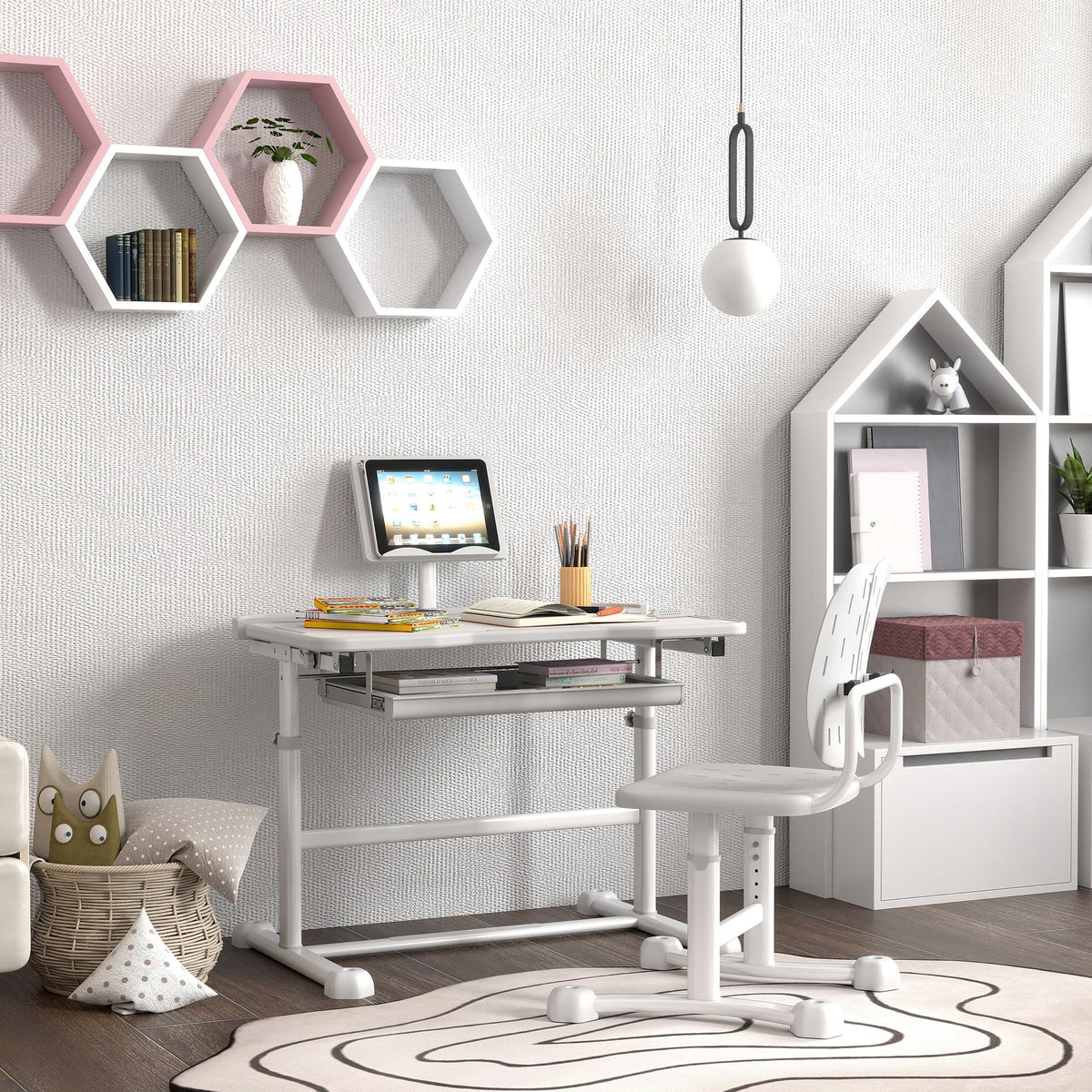 Height Adjustable Kids Desk and Chair Set with Tilt Desktop, Large Writing Board, Storage Drawer, Book Stand, Grey