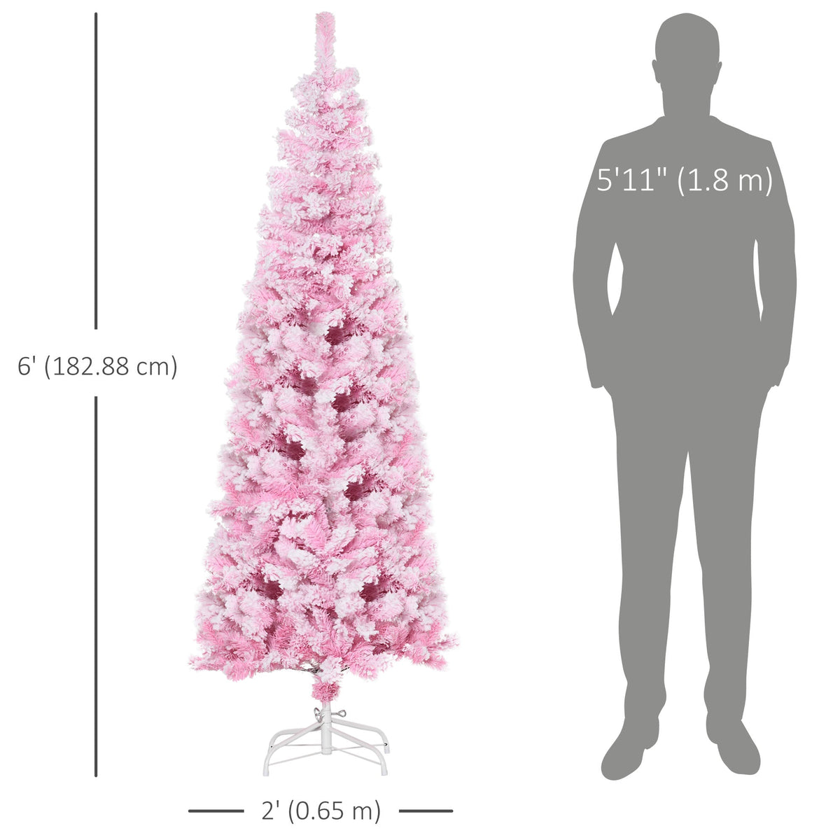 5 FT Snow Flocked Artificial Christmas Tree, Pencil Xmas Tree with Realistic Branches, Auto Open and Steel Base, Pink