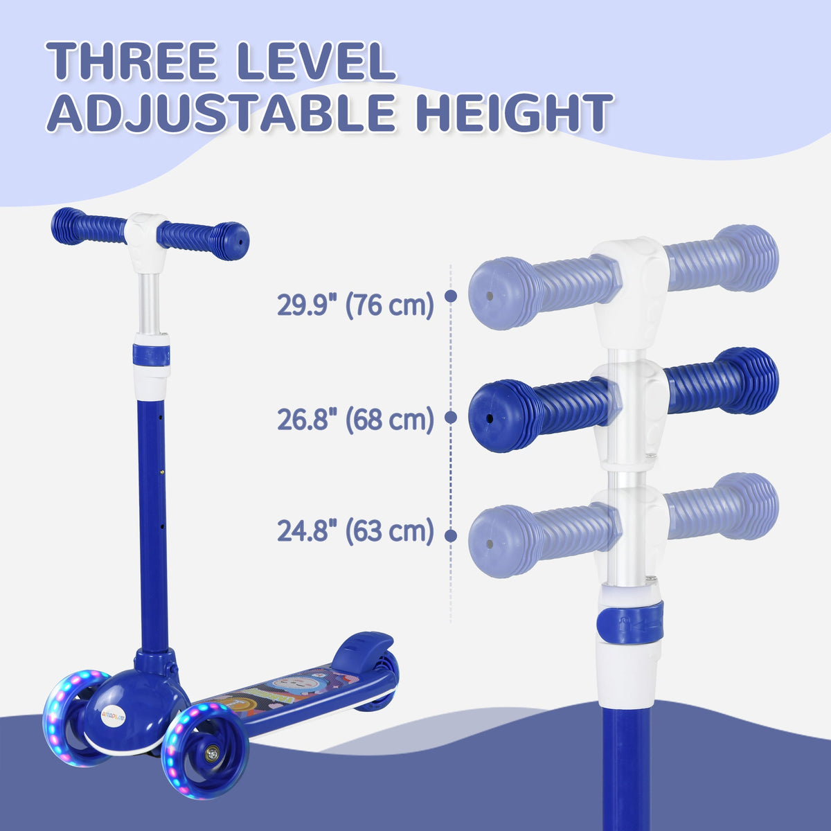 3 Wheel Kids Scooter, Toddler Kick Scooter with Adjustable Height, Rear-Fender Brake, LED Light, TPE Handlebar, Blue