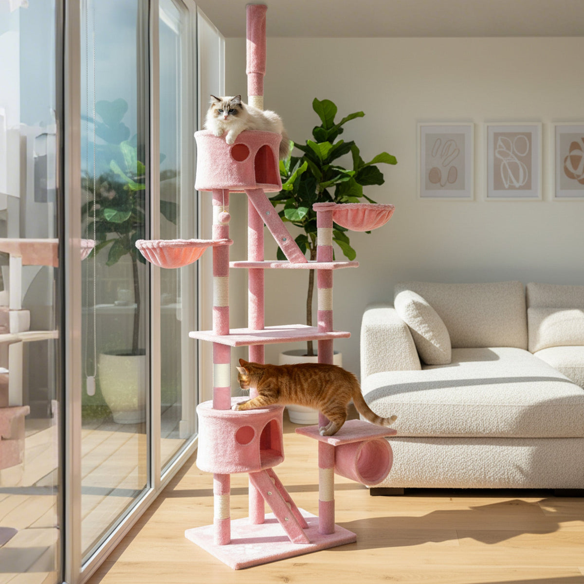 94"-102" Huge Cat Tree Ceiling High Cat Condo Scratching Post Activity Center Multi-Level Play House Light Grey